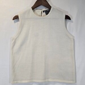 Nina Leonard Cream Beaded Mock Neck Sleeveless Sweater Top L